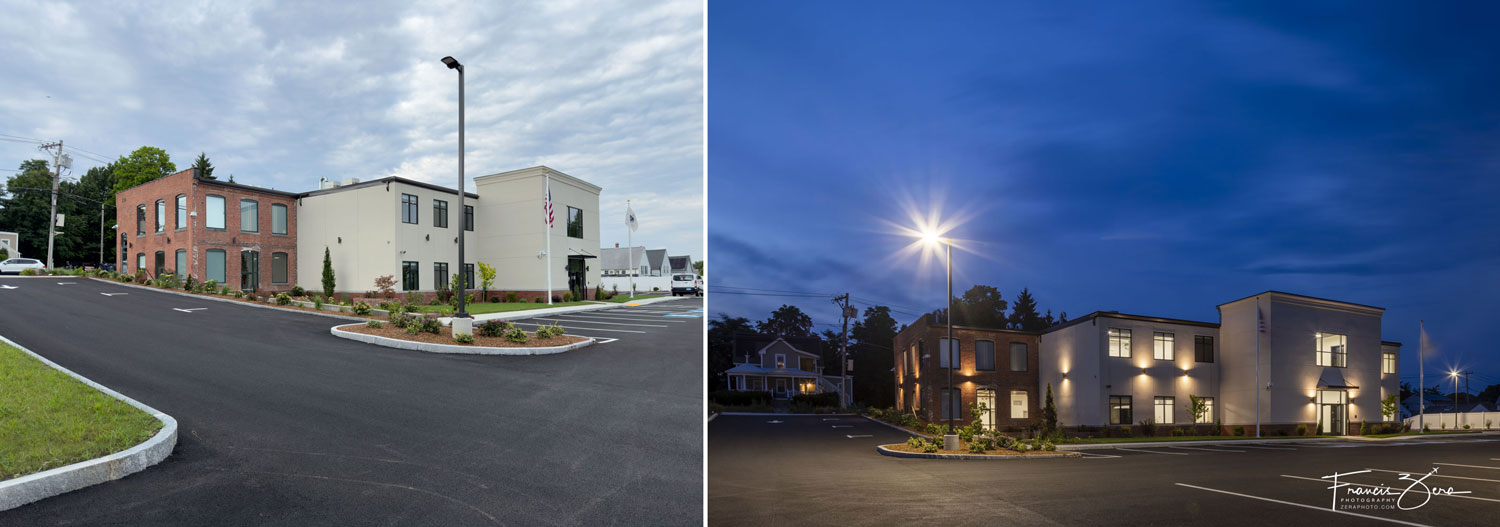 A scouting image and a finished architectural image of the same building