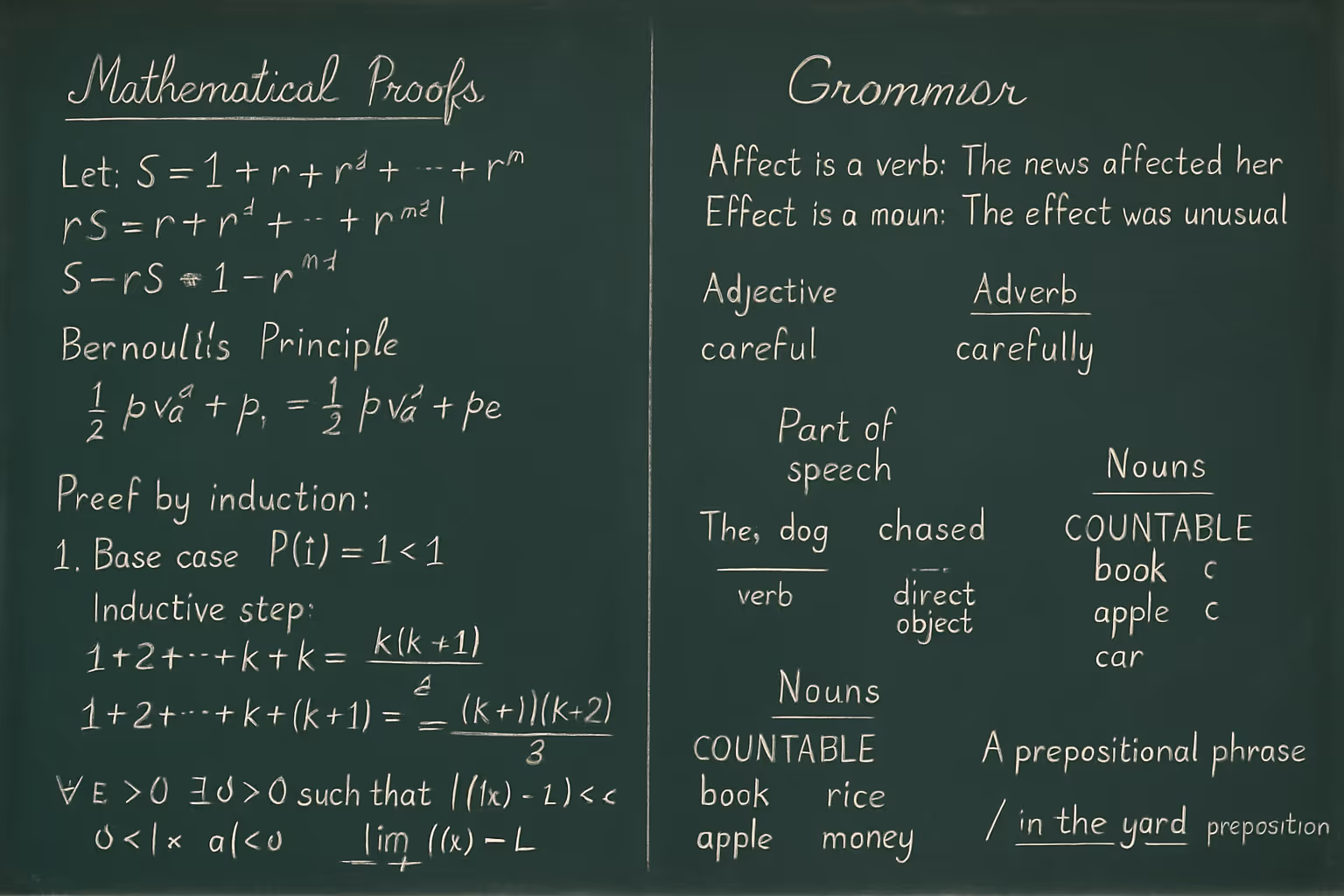 An AI-generated image of a chalkboard with mathematical proofs and grammar rules