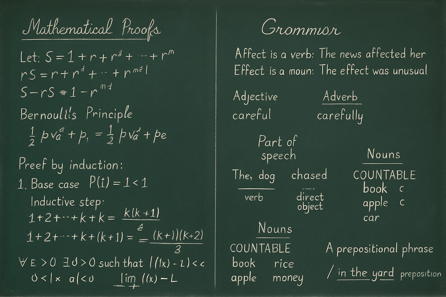 An AI-generated image of a chalkboard with mathematical proofs and grammar rules