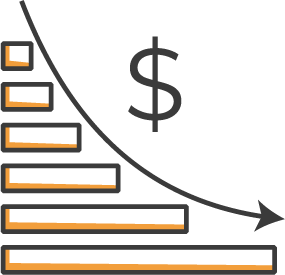 Icon of horizontal bar graph with money arrow pointing down.