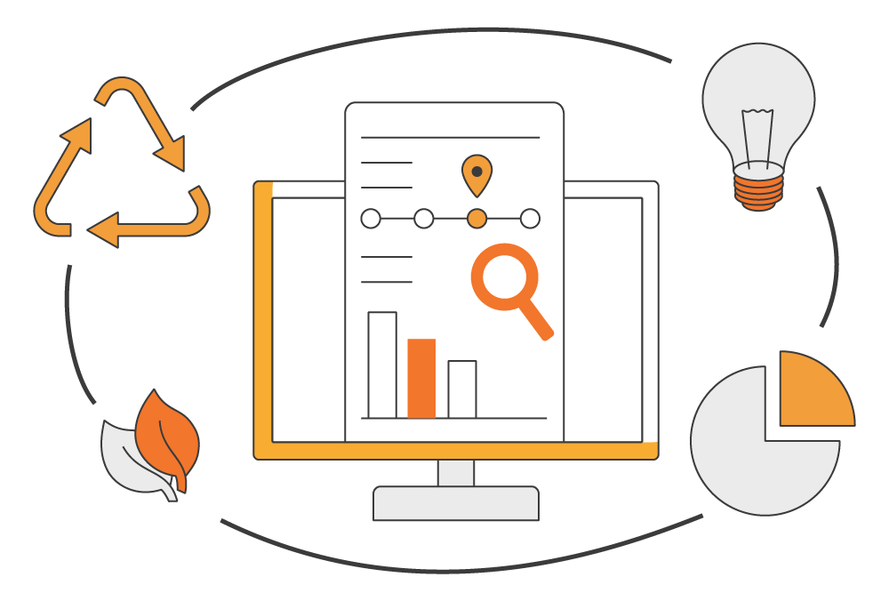 Graphic of a computer showing a graphical report, with recycling symbols and charts floating around it.