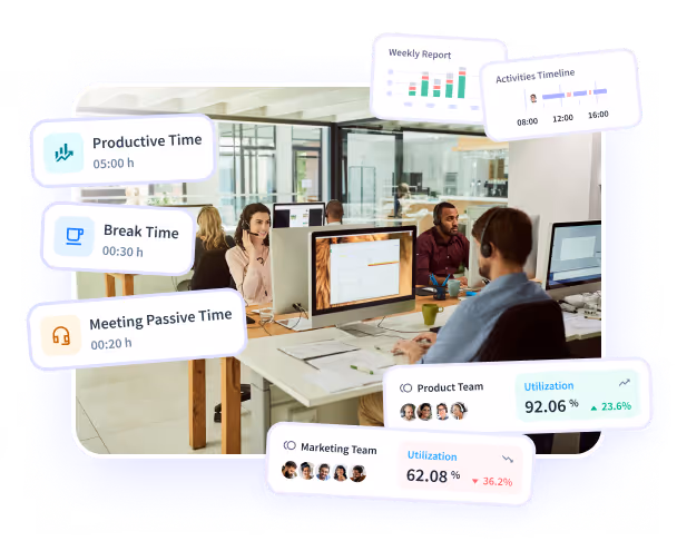 Características interesantes del software que se muestran en el panel de control del producto: tendencias de productividad, actividades/cronograma y oficina frente a remoto
