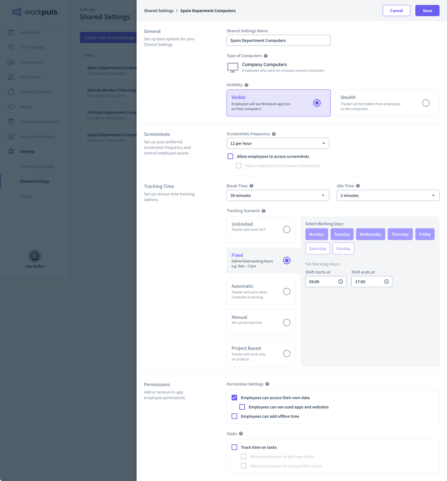 employee monitoring settings page