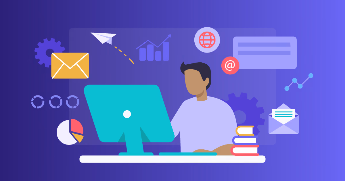 Illustration of a professional using workforce management software surrounded by analytics charts, data metrics, and productivity tool icons.