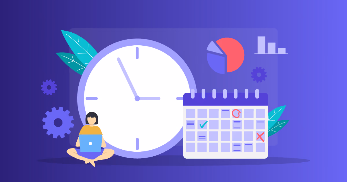Illustration of employee scheduling and time tracking software with a clock, calendar, and productivity charts