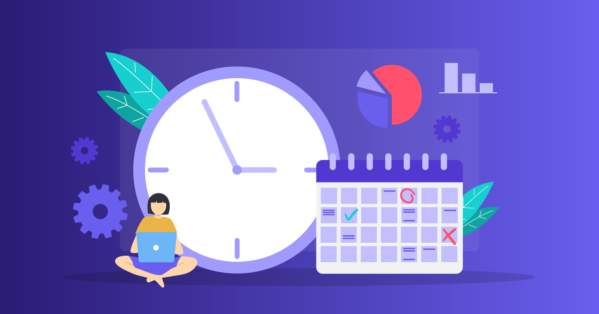 Illustration of employee scheduling and time tracking software with a clock, calendar, and productivity charts