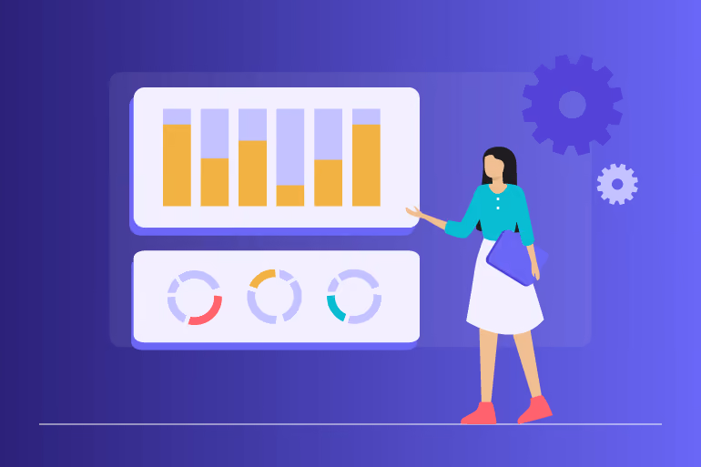 Illustration of a person presenting employee productivity dashboards with bar charts and progress rings