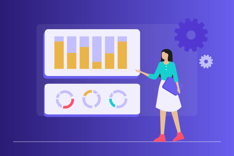 Illustration of a person presenting employee productivity dashboards with bar charts and progress rings
