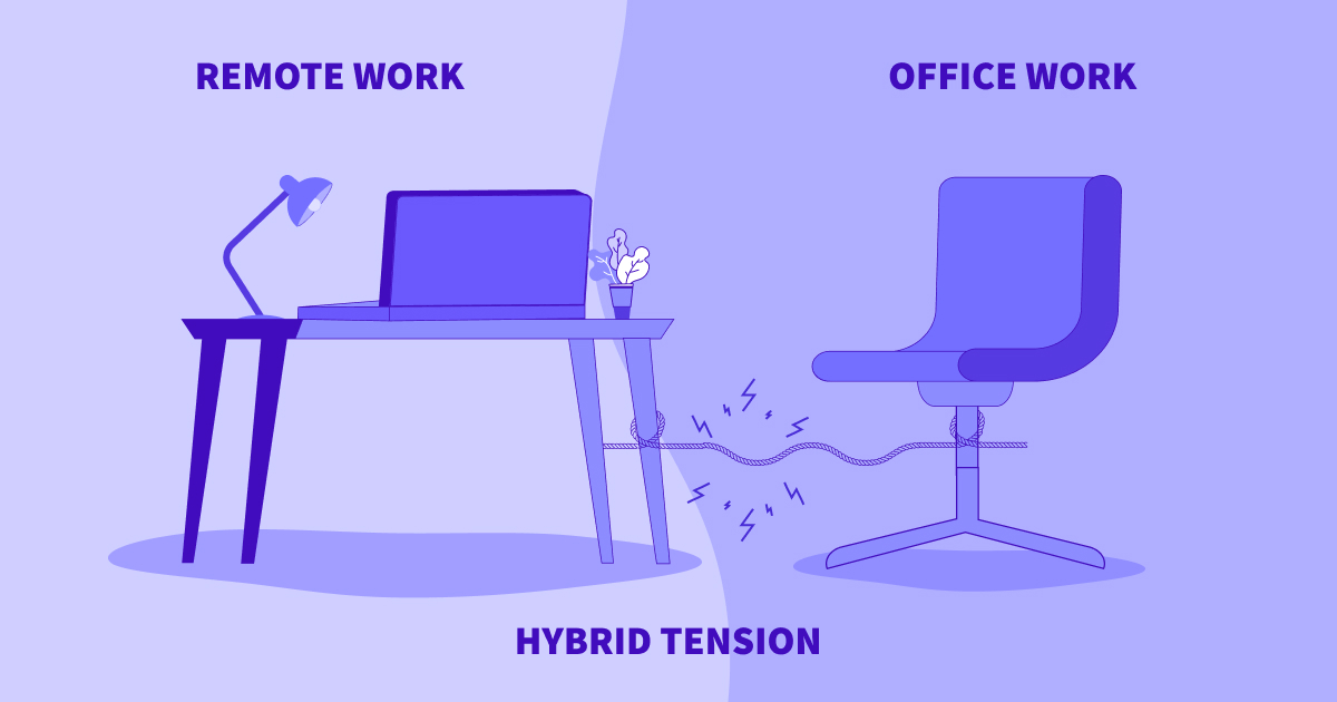 Illustration of remote work desk and office chair linked by rope, symbolizing hybrid work tension