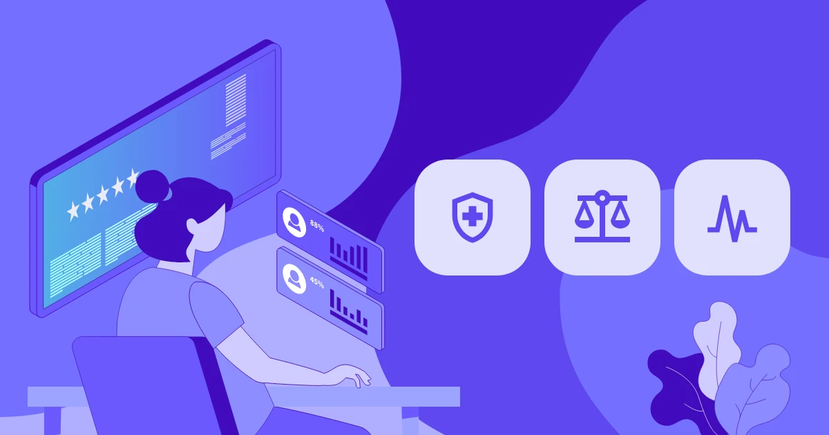 Illustration of an employee at a desk reviewing team productivity dashboards, next to icons for wellbeing, balance, and steady performance