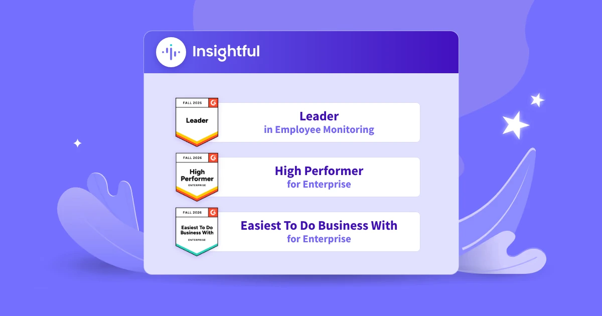 Insignias de Insightful en el informe de otoño de 2026 de G2: Leader en Employee Monitoring, High Performer y Easiest To Do Business With en el segmento Enterprise