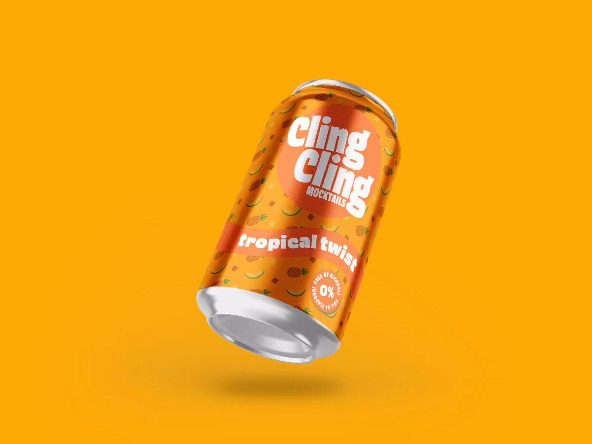 cling cling can design. can is orange, floating on an angle with a shadow and a lighter orange background