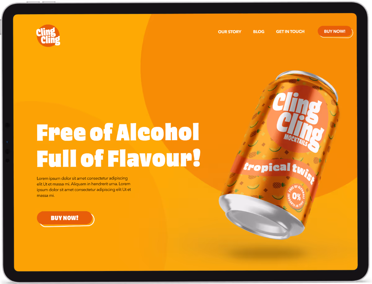 mockup of cling cling hero section on an ipad