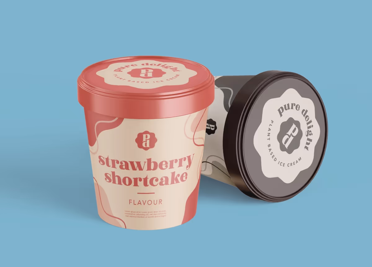 packaging design for strawberry cheesecake and cookies and creme ice cream on a blue background