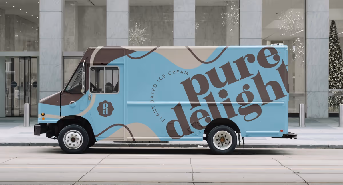 vehicle design for pure delight. image is of a blue ice cream van parked on the street