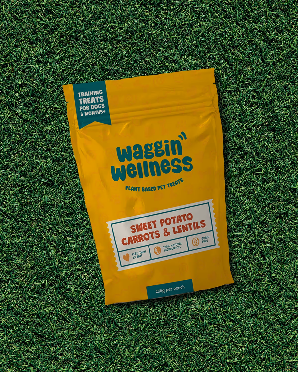waggin wellness packaging of yellow bag of dog treats placed on green grass