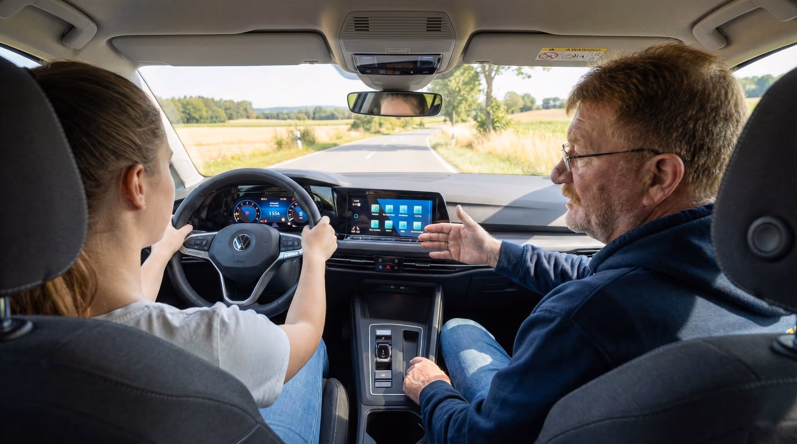 Fahrlehrer und Fahrschülerin sitzen im Auto und fahren über eine Landstraße