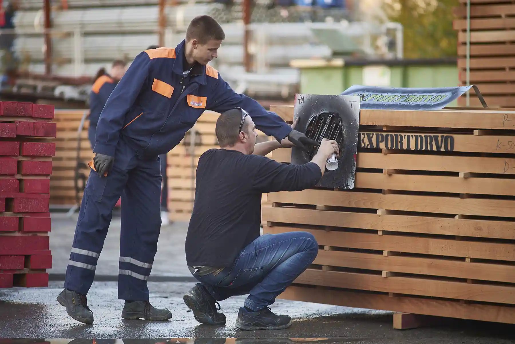 branding of wood packages of beech sawn timber in the warehouse