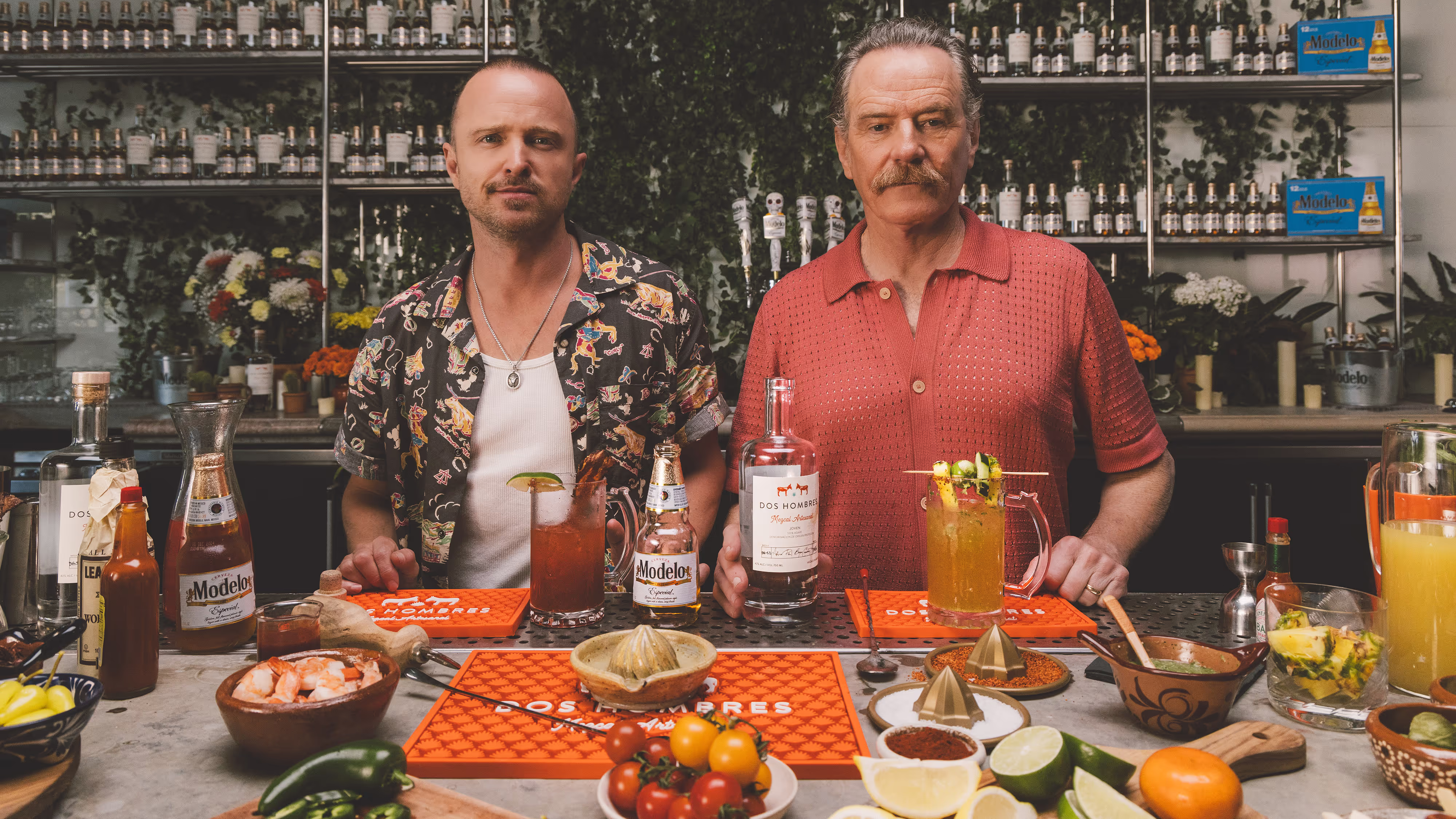Two men behind bar with cocktail ingredients and Modelo beer bottles