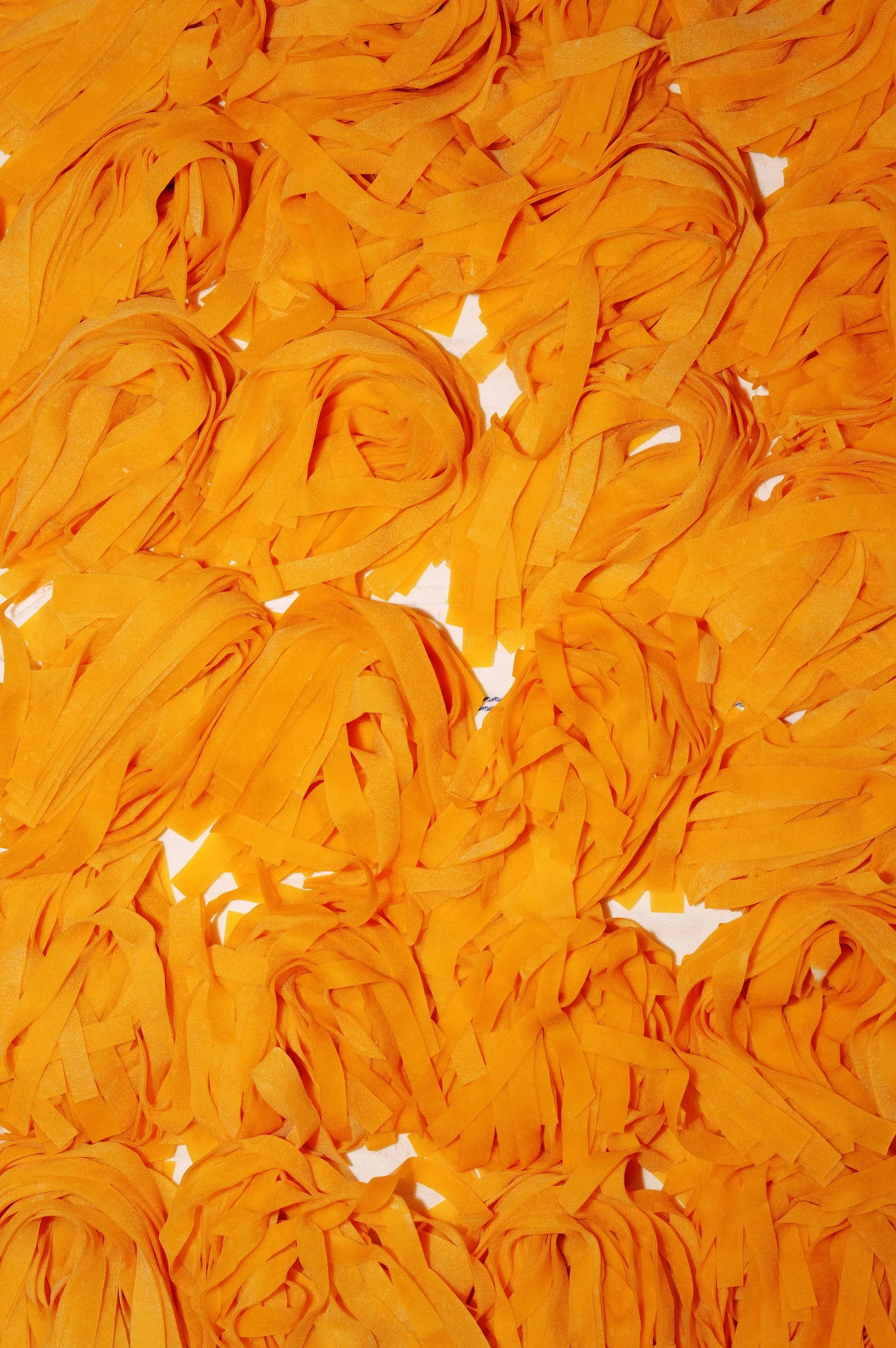 Overhead detail of fresh saffron pasta ribbons