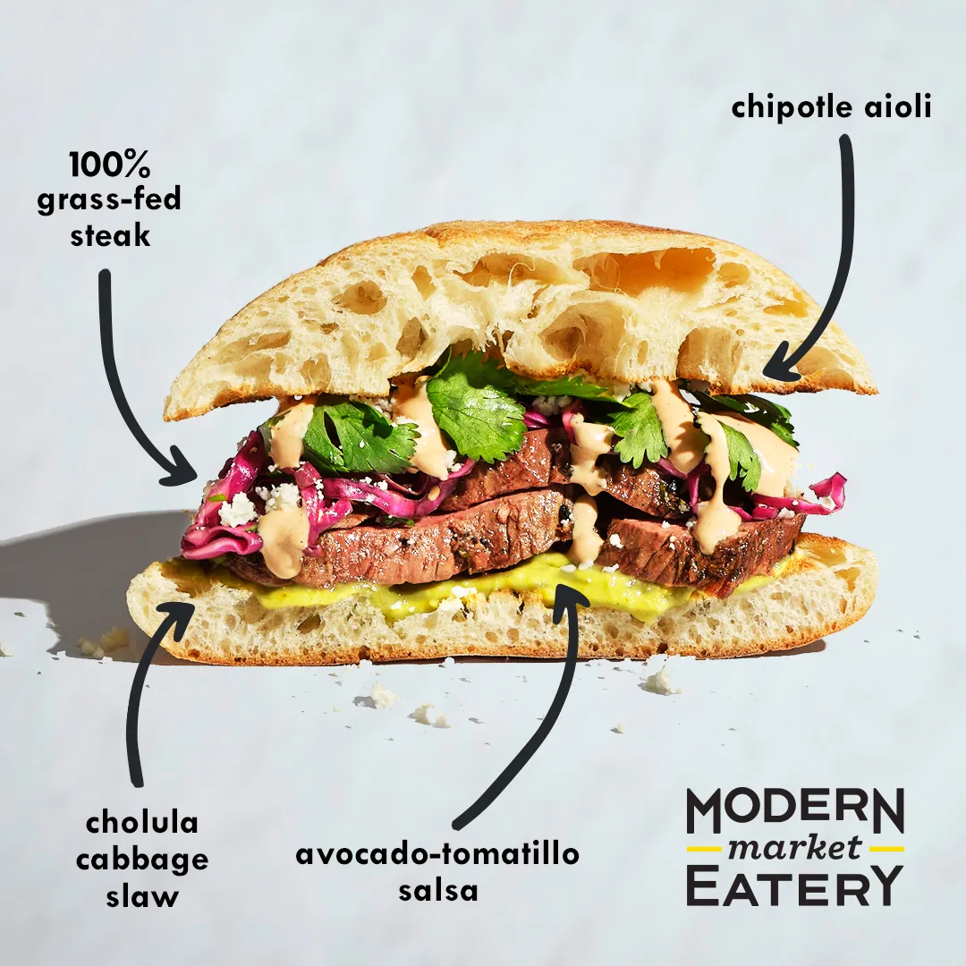 Chile steak sandwich on ciabatta with labelled callouts for the steak, chipotle aioli, salsa and cabbage slaw