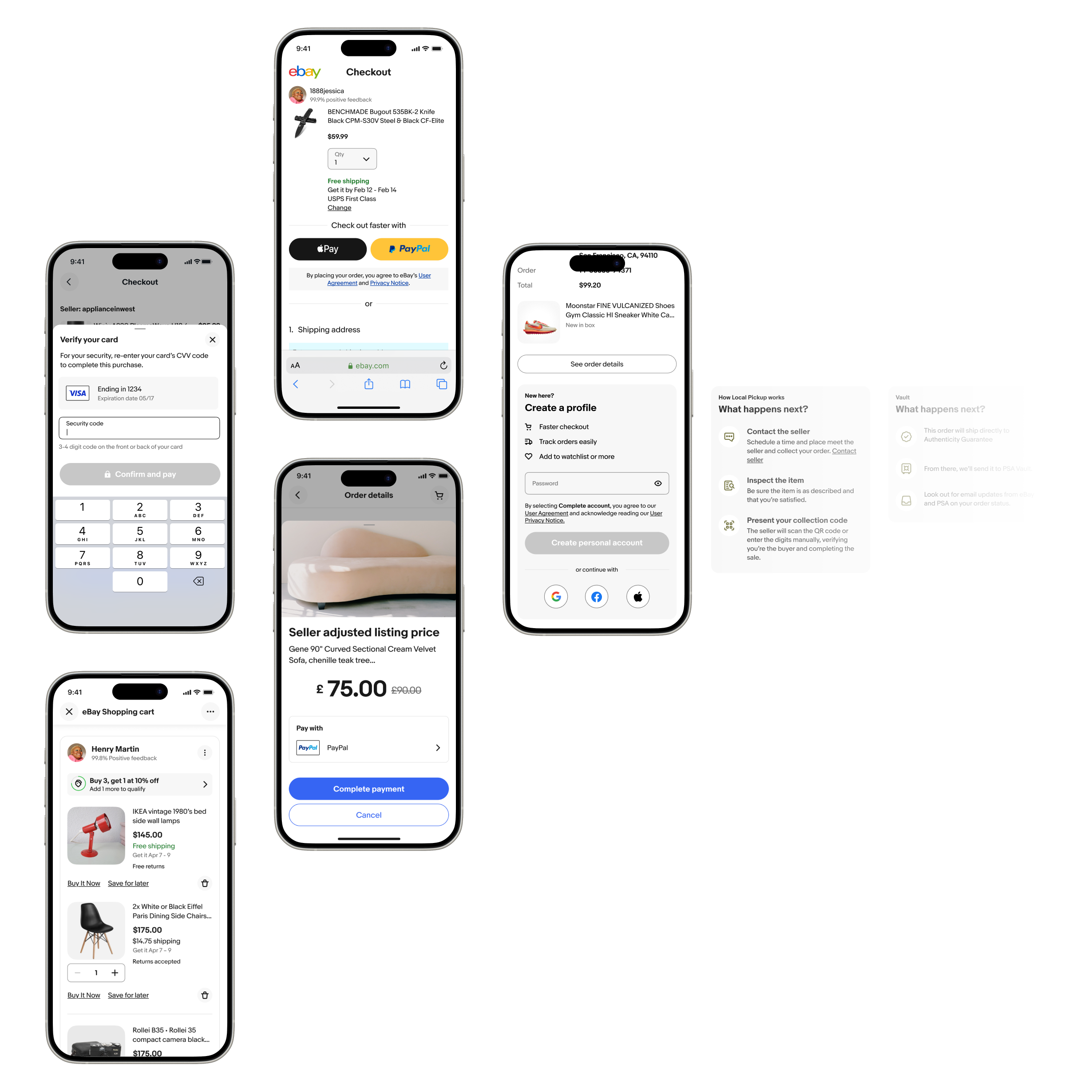 Screenshot of 5 mobile screens showing various designs