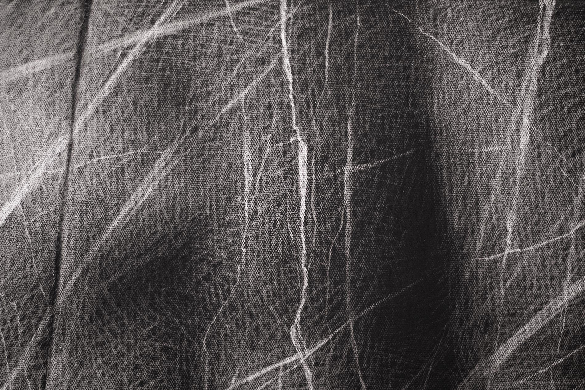 Charcoal work on linen canvas, soft curves with a rhythm of pale marks suggesting an organic relief.
