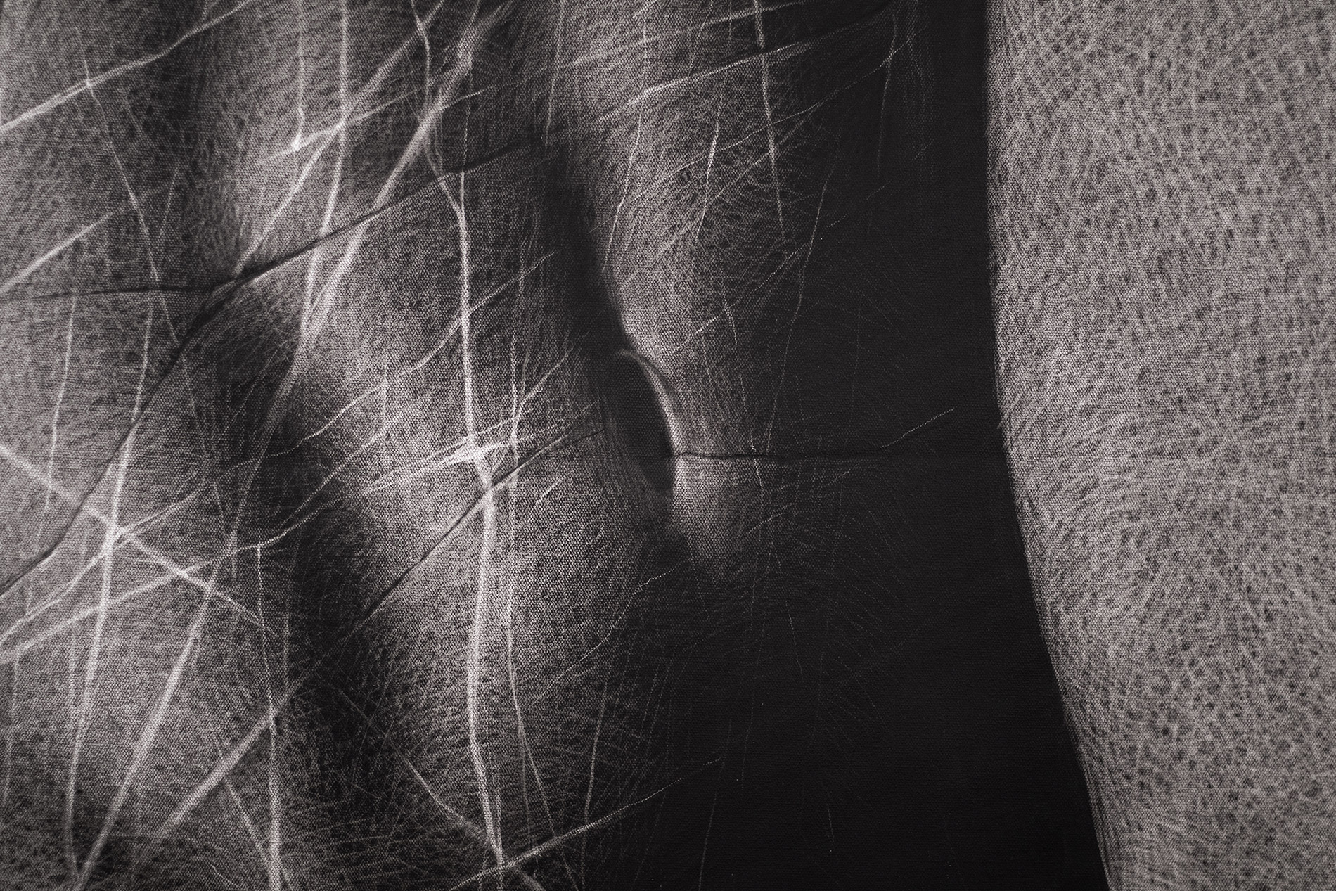 Delicate charcoal composition on canvas, a network of white lines and shadows evoking the texture of stone and skin.