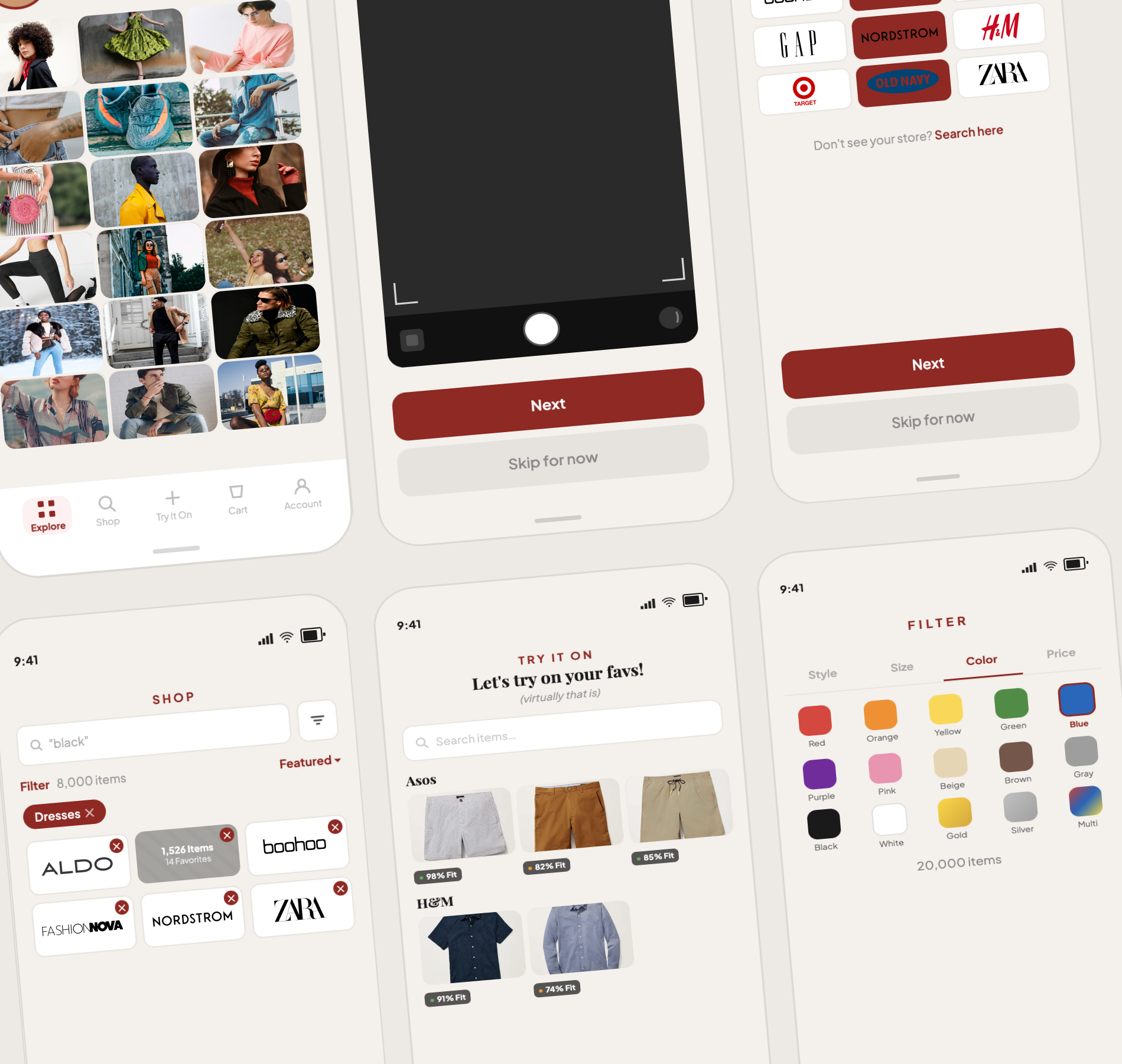 Two iPhone screens with one showing a White woman wearing a black t-shirt and the other showing a two by three grid of six online stores.