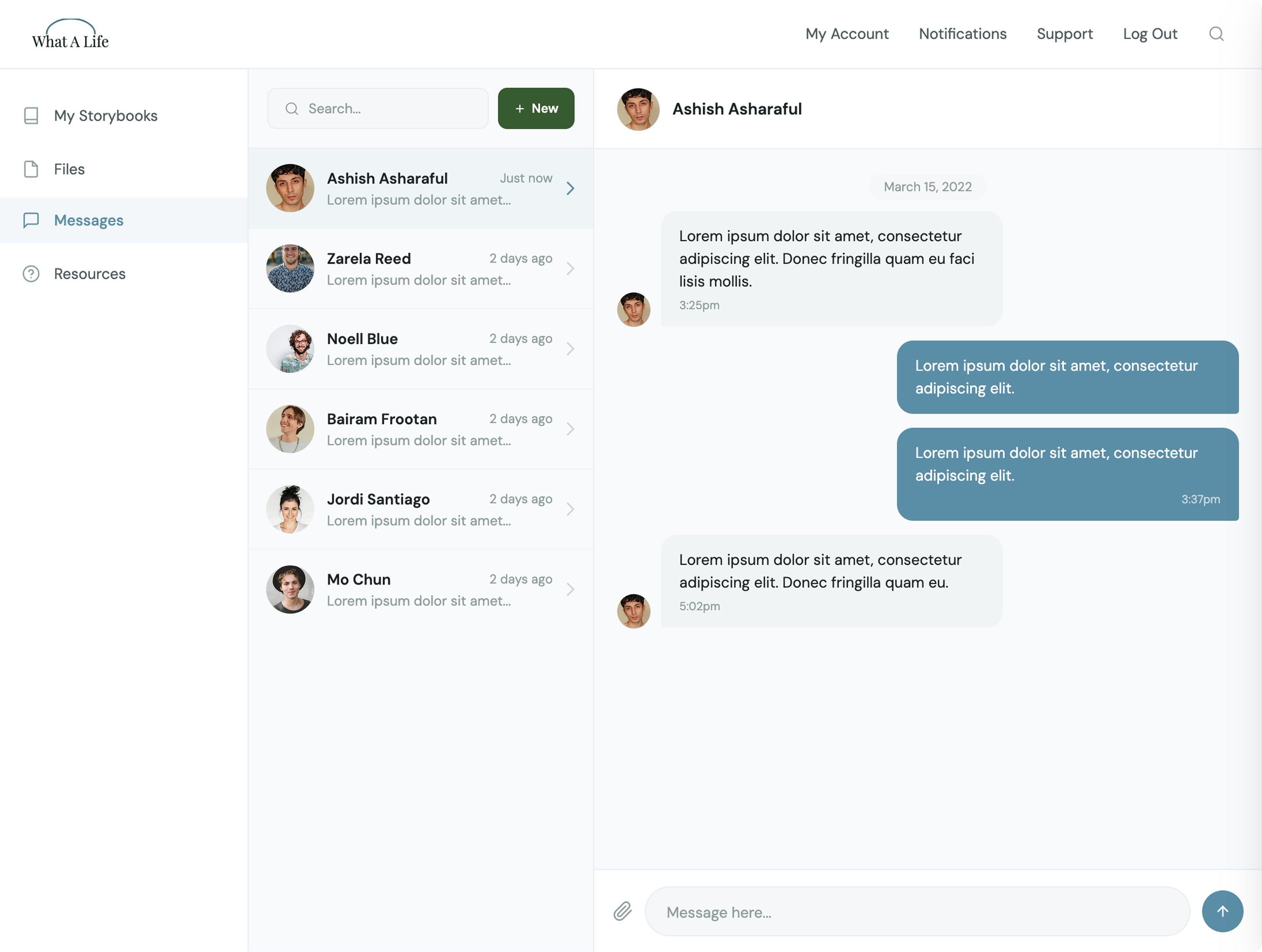 Prototype messaging screen for family members to coordinate and share memories in real time