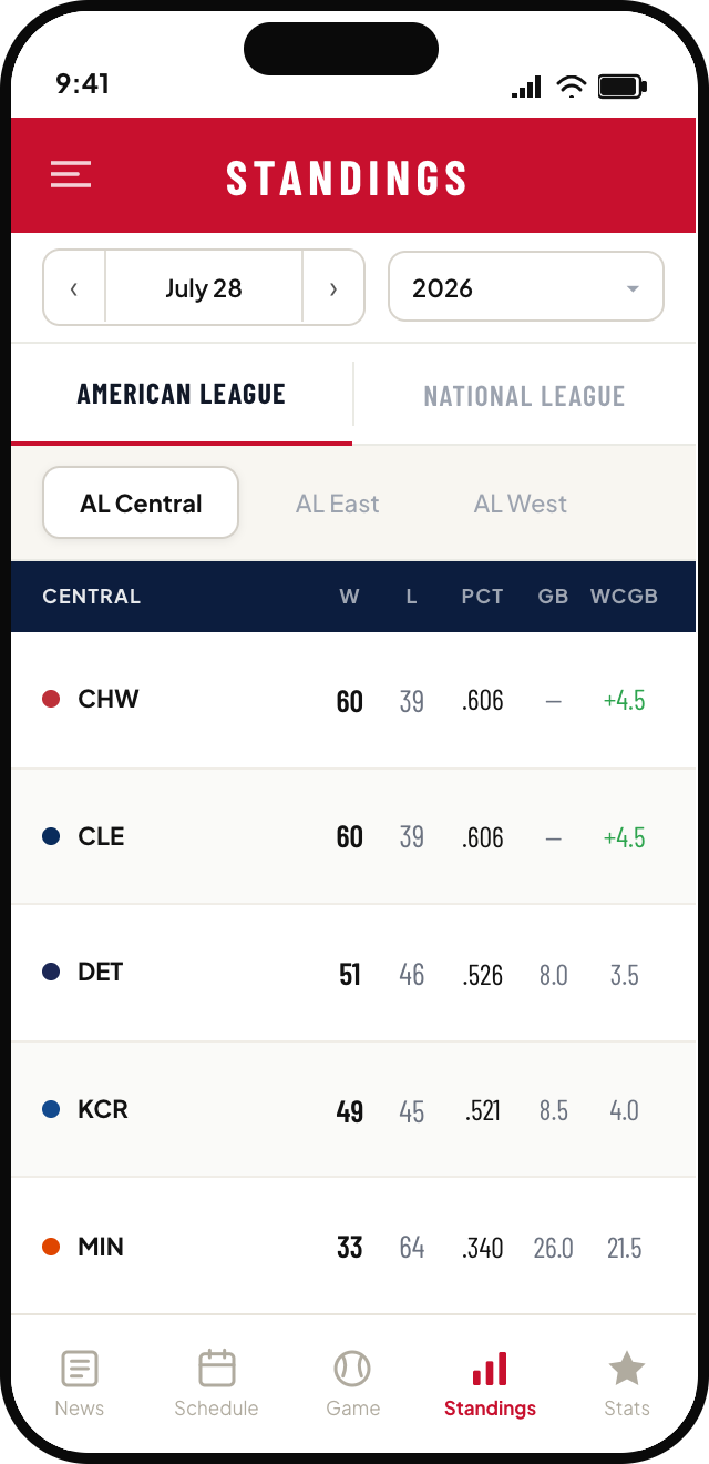 High-fidelity mockup of the redesigned standings screen with league and division filters and a division table