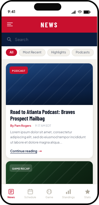 High-fidelity mockup of the redesigned news screen with a search bar, category tabs, and a featured game recap