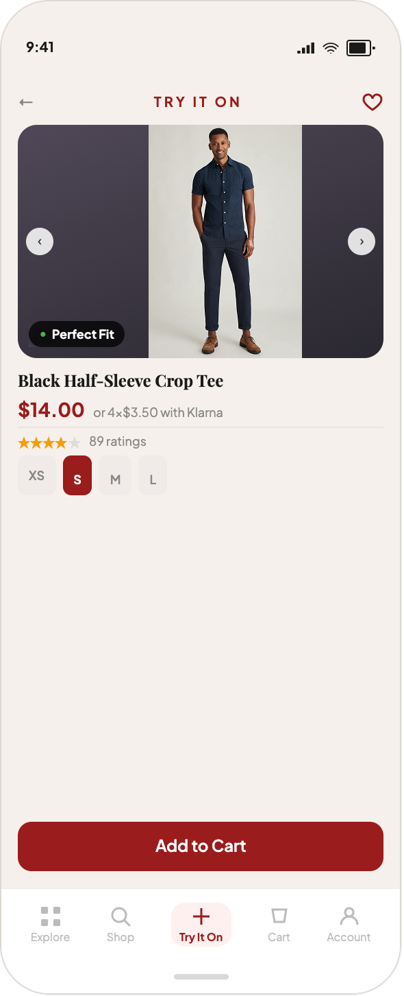 Prototype AR try-on screen letting shoppers see themselves wearing selected items