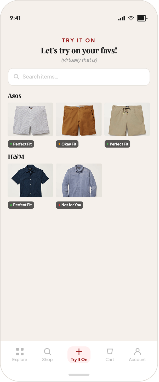 Prototype screen showing items tagged Perfect Fit, Okay Fit, or Not for You