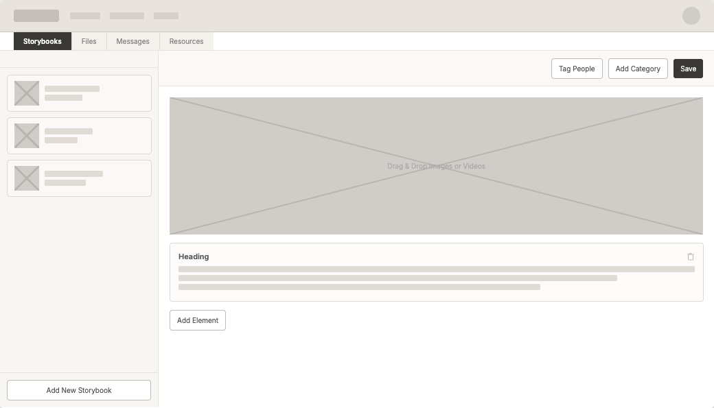 Wireframe of the storybooks screen for creating a new storybook