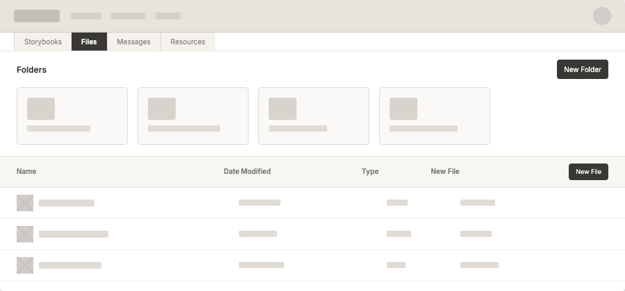 Wireframe of the files screen with folders and a file table