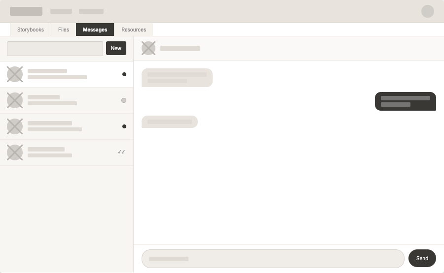 Wireframe of the messages screen with a conversation list and chat thread