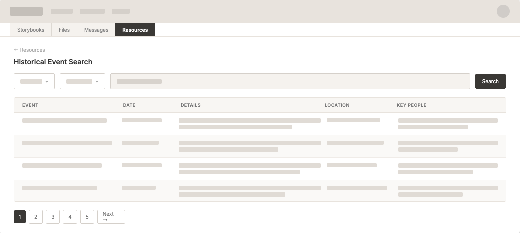 Wireframe of the resources screen to help users prepare for interviews with family