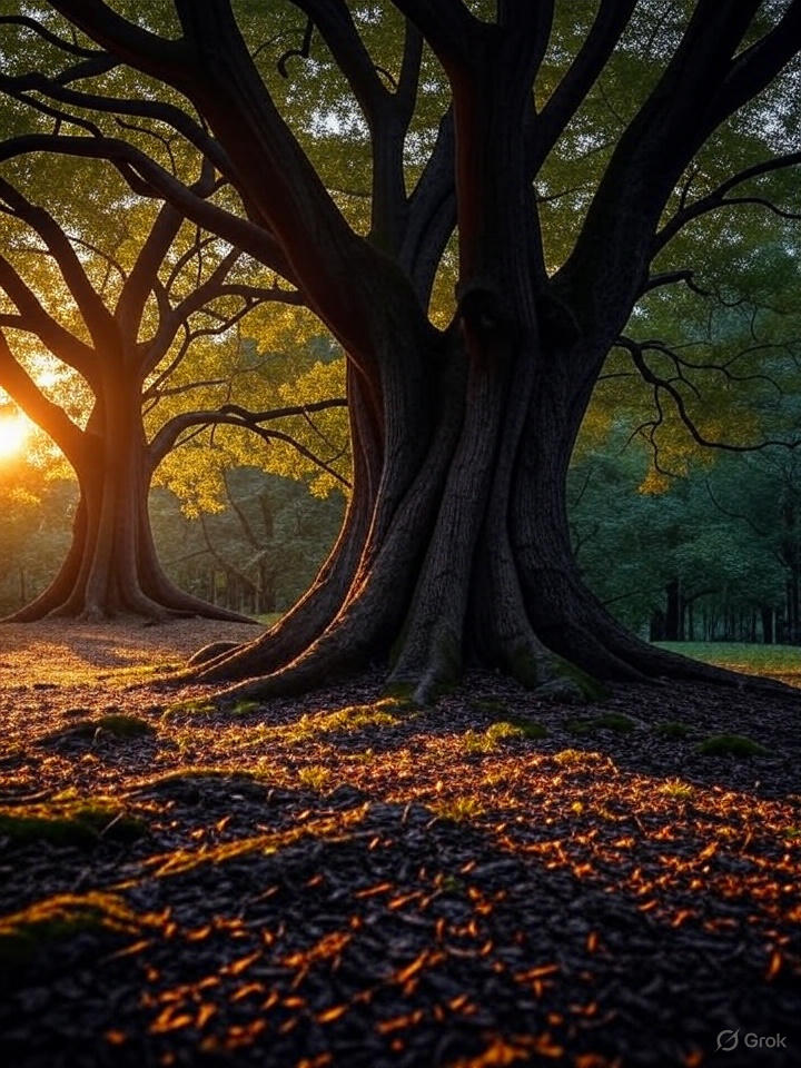 Twin Ancient Trees at Dawn Free Stock Photos