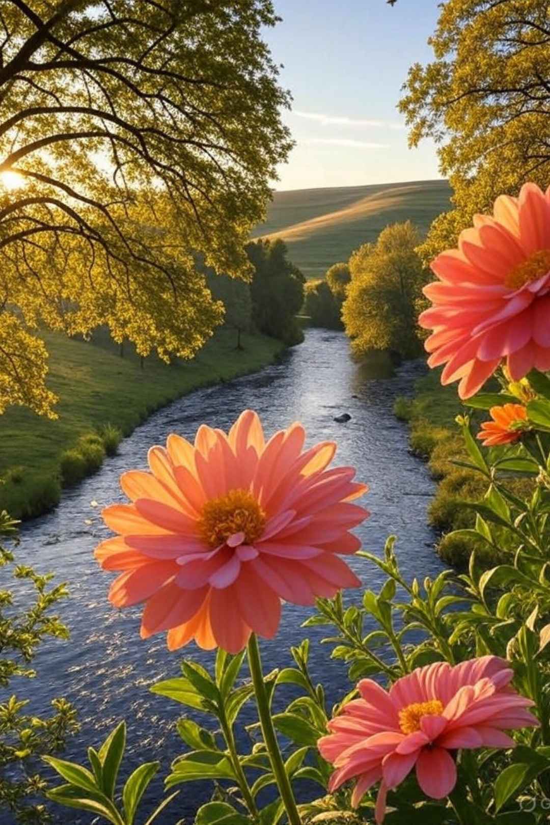 Serene River with Floral Art Free Stock Photo