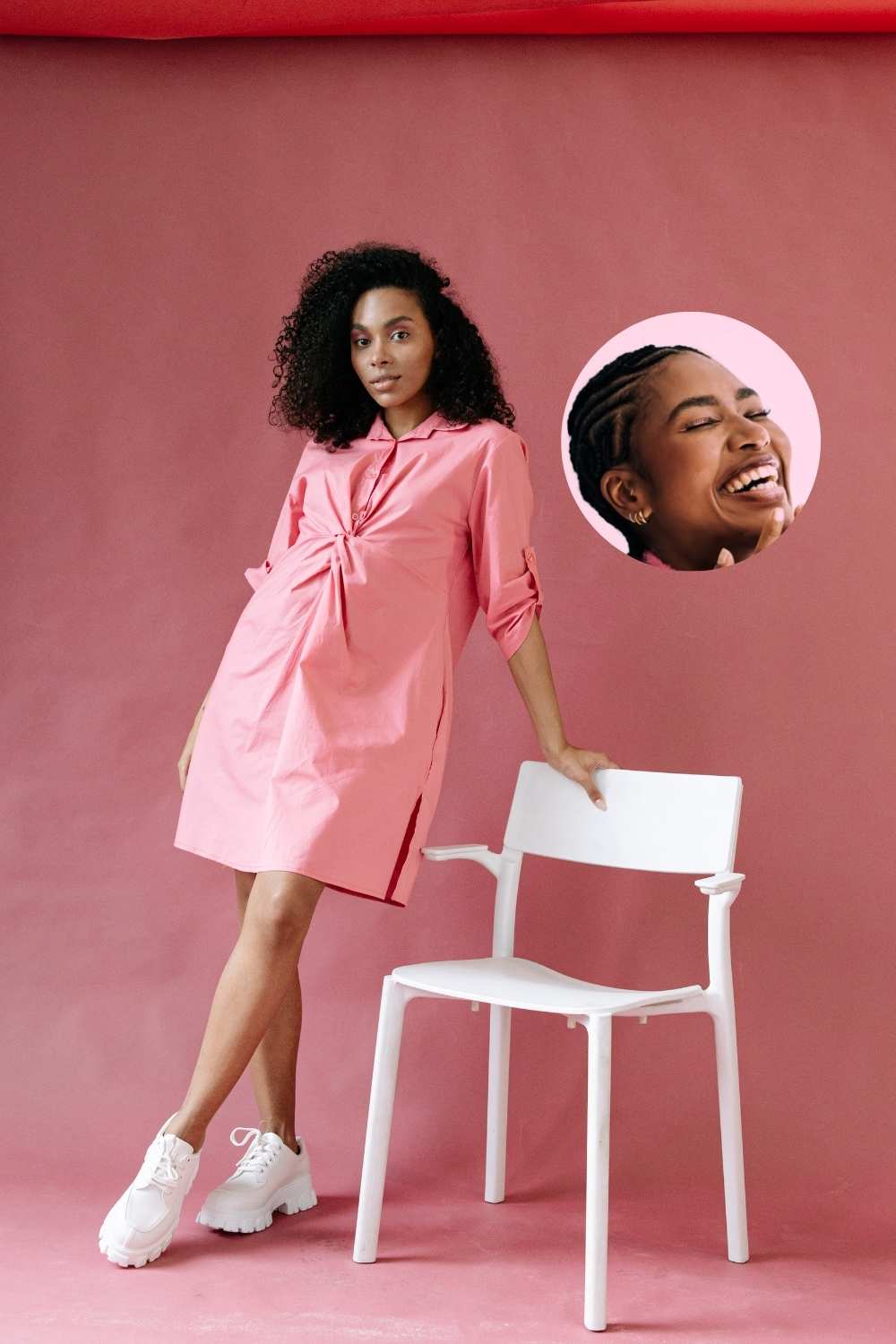  Black Woman In Monochromatic Pink Stock Photo