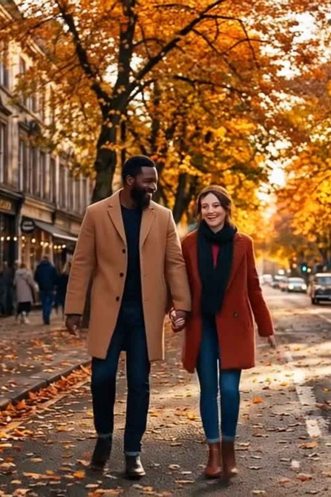 Couple Walking Hand In Hand Autumn City Street Golden Hour Cinematic Free Stock Video