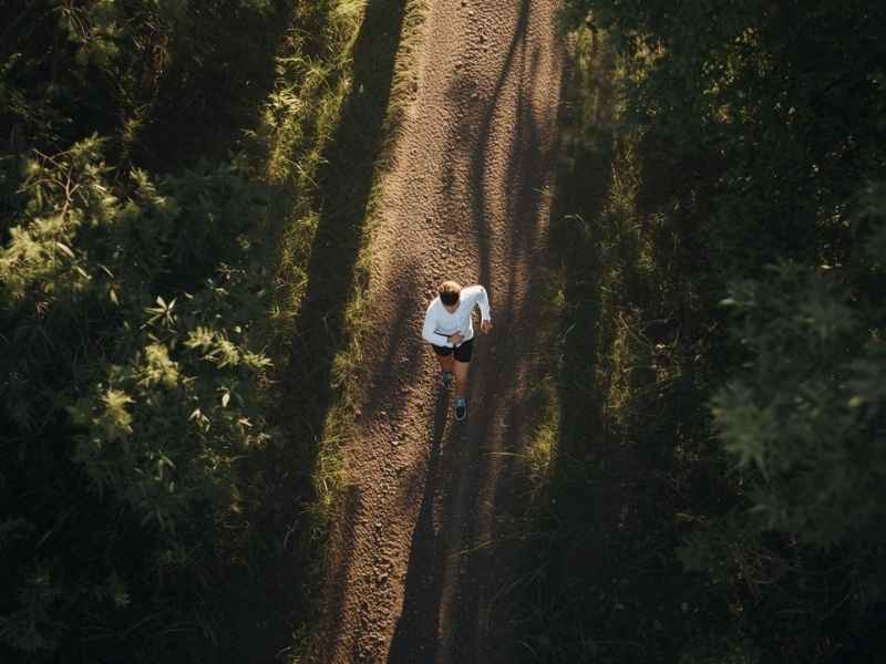 Aerial View of Man Running Through A Forest