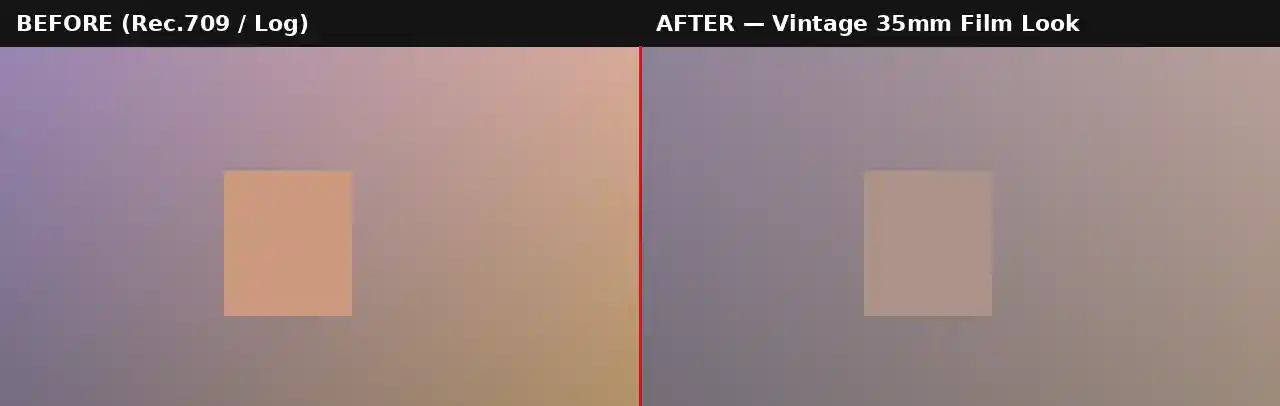 Before after comparison for Vintage 35mm Film Look LUT