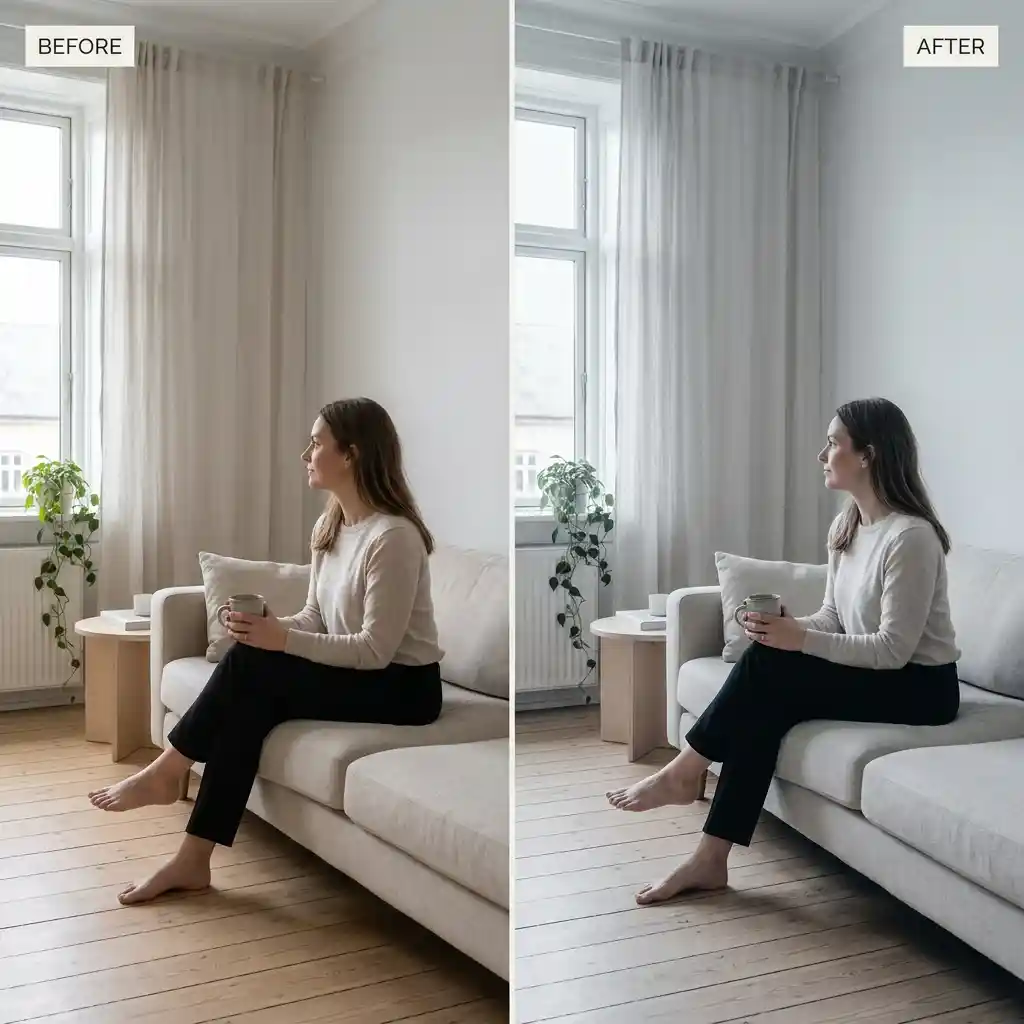 Before and after preview of the free Scandinavian minimal LUT applied to footage