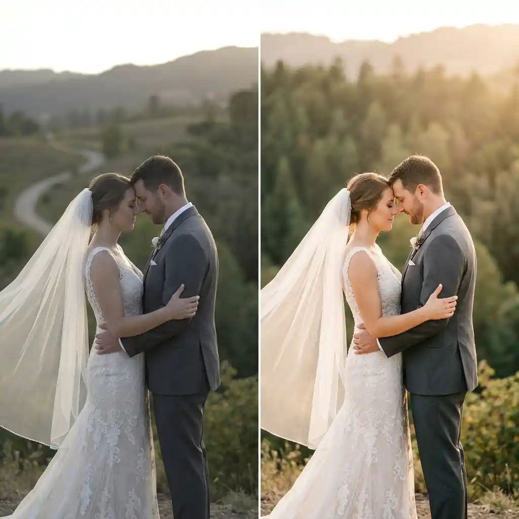 Wedding couple with soft romantic warm cinematic LUT color grade applied, Freevisuals Pro LUT pack preview