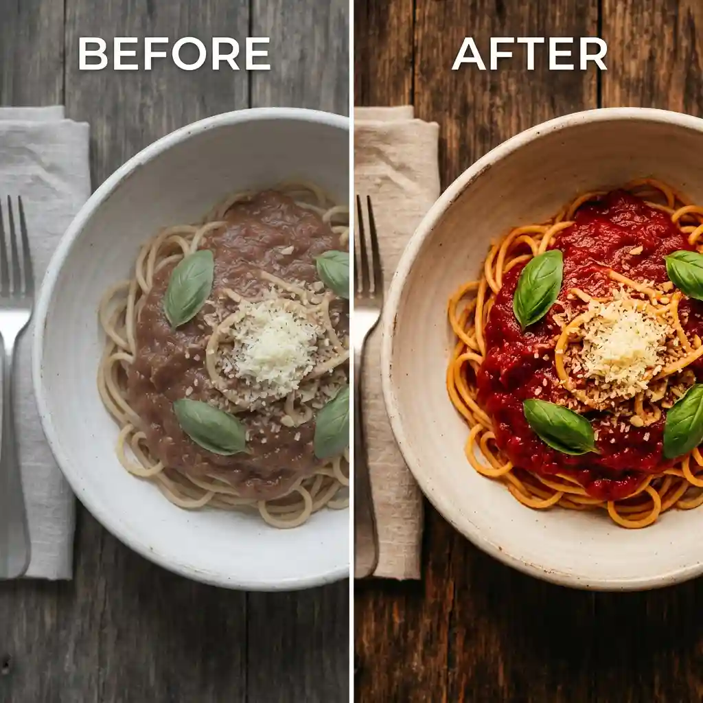 Before and after overhead pasta bowl graded with a warm cafe LUT from the 100+ Food and Cafe Mega LUT Pack