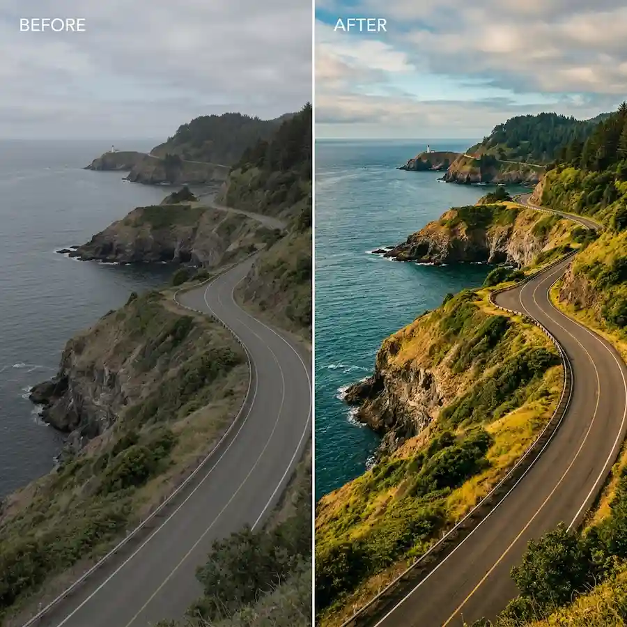 Before and after travel landscape graded with a warm documentary LUT from the Travel Documentary LUT Pack