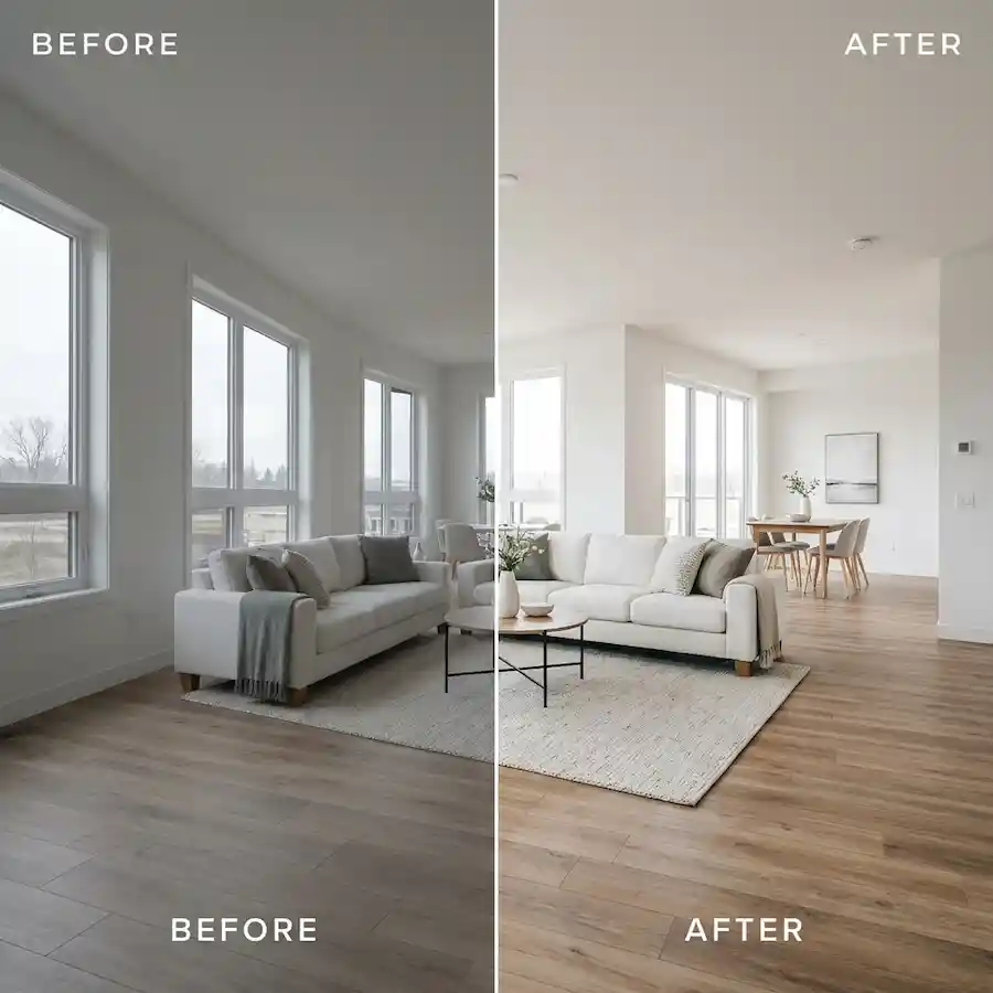 Modern home exterior at twilight with blue sky boosted color grade, Freevisuals Pro real estate LUT pack preview