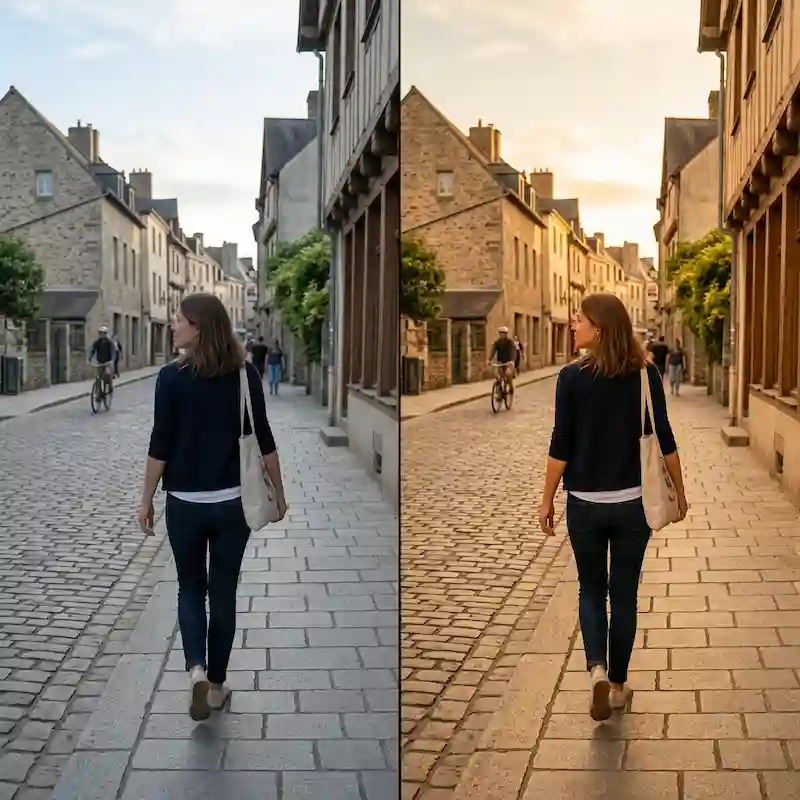 Free golden hour outdoor vlog LUT before and after on sunset street scene